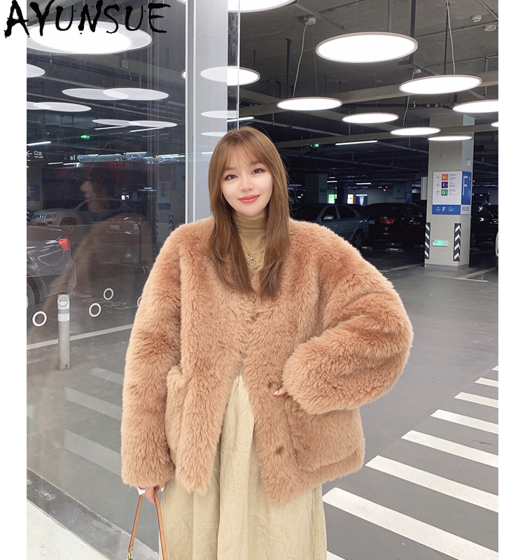 AYUNSUE 100% шерстяные куртки для женщин 2023 зимнее меховое пальто женская одежда корейская мода овечья стрижка пальто шерстяная куртка с V-образным вырезом