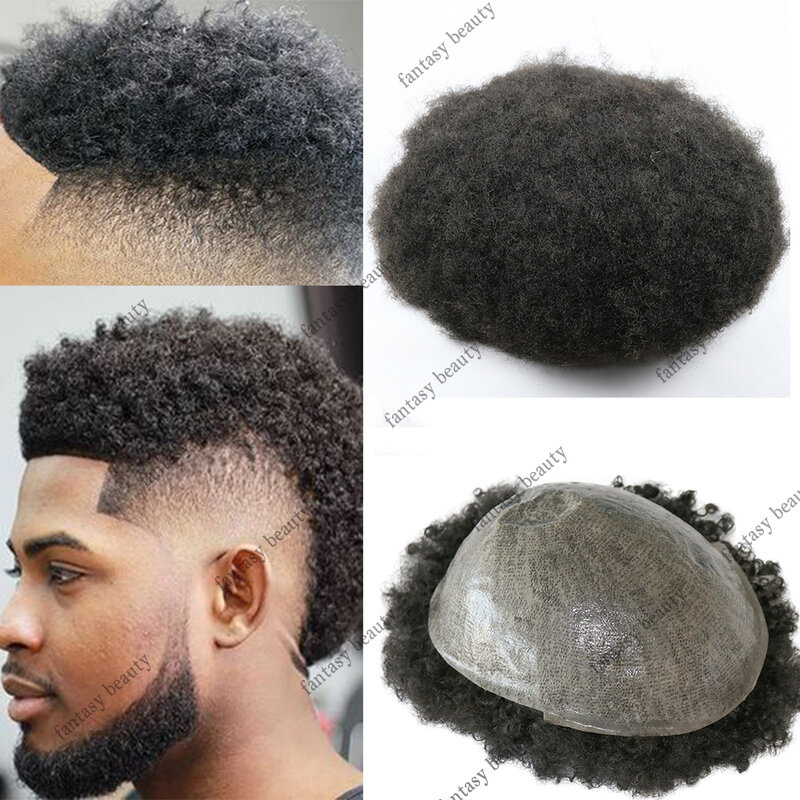 Afro Kinky Curly Toupee para Homens Negros, Poly Hairpiece Completo, 100% Cabelo Humano Brasileiro, Sistemas de Substituição, Injetado PU