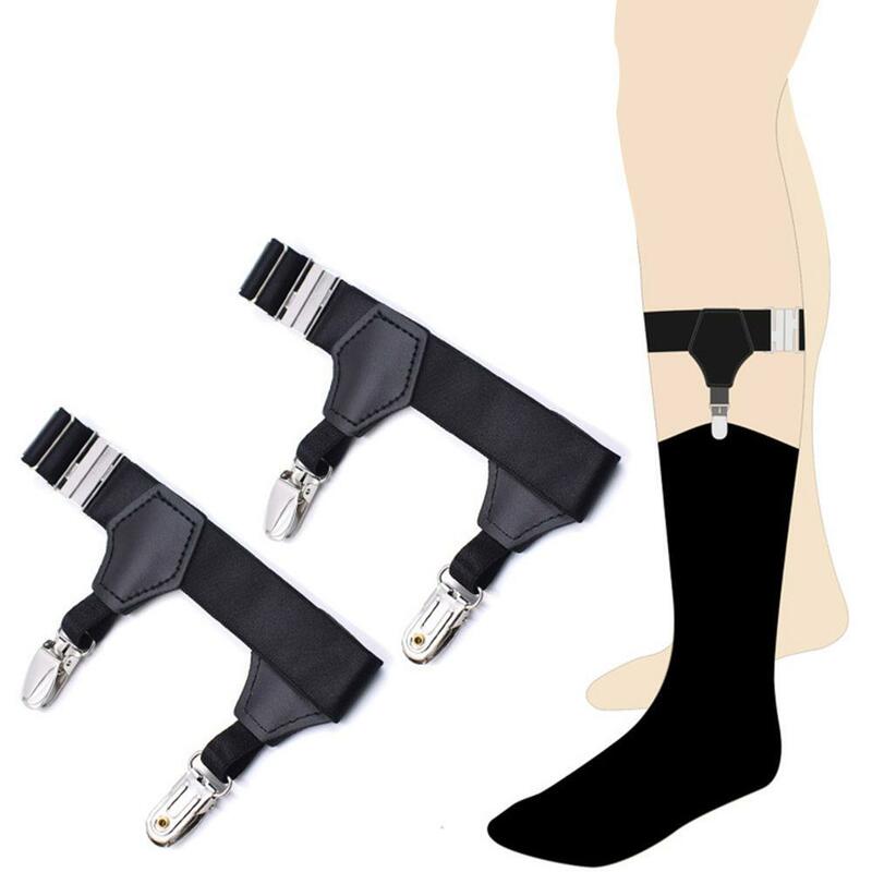 Kaus kaki hitam anti selip pria, sepasang sabuk garter dapat disesuaikan elastis klip suspender Non-slip kawat gigi tahan M6L6