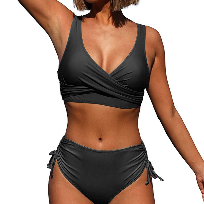 Conjunto de Bikinis para mujer, traje de baño liso de cintura alta con realce, ropa de playa Sexy, traje de baño con cordón, 2022