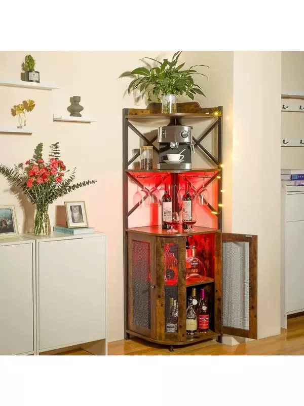 Corner Bar Cabinet with LED Lights, 5-Tier Industrial Wine Cabinet with Glass Holder, Wine Bar Cabinet with Adjustable Shelf,
