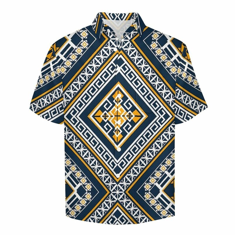 Camisa solta étnica vintage branca para homens, camisa casual geométrica, manga curta, blusas retrô extragrandes, padrão praia, havaiana