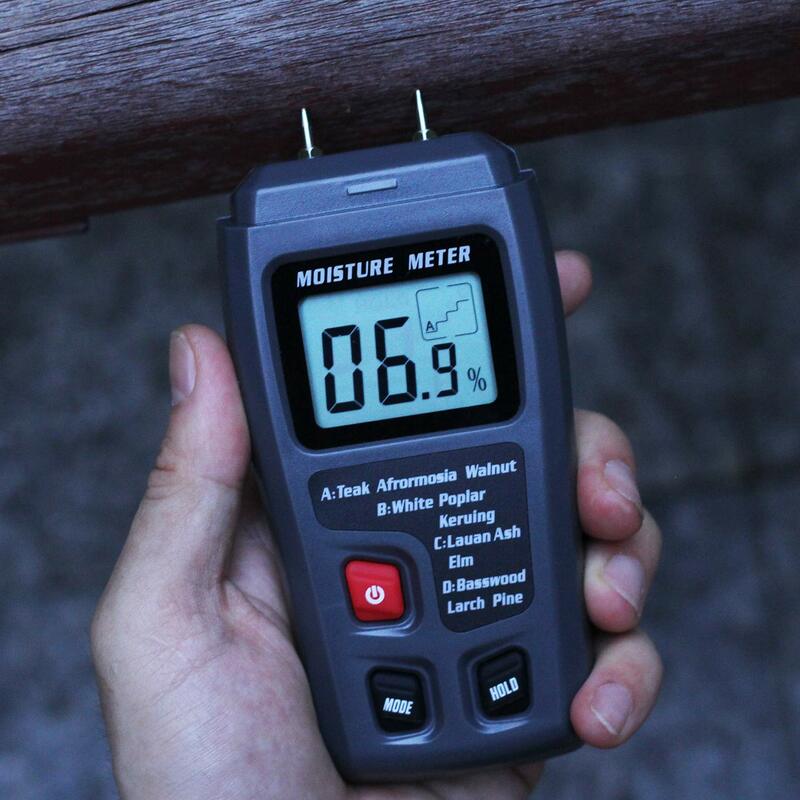 EMT01 pengukur kelembaban kayu digital, alat pengukur kelembaban kayu dua pin 0 ~ 99.9% tampilan LCD detektor kelembaban kayu