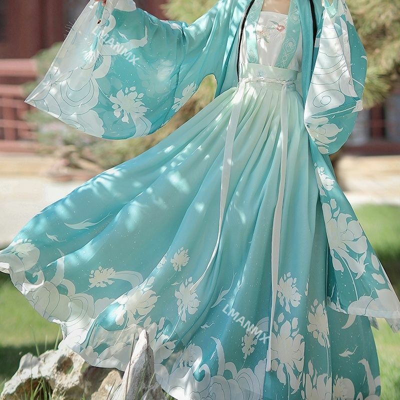 Hanfu-Disfraz de verano para mujer, vestido tradicional chino antiguo, vestido de princesa Oriental, ropa de baile de la dinastía Tang elegante, verde y rojo