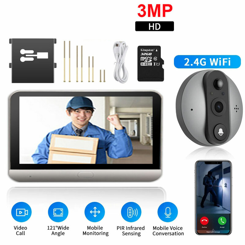 3MP Wifi Video Peephole Doorbell Camera 4.3 Inch Eye Door bell Smart Home HD IPS Screen Night PIR wireless call For IOS Andriod