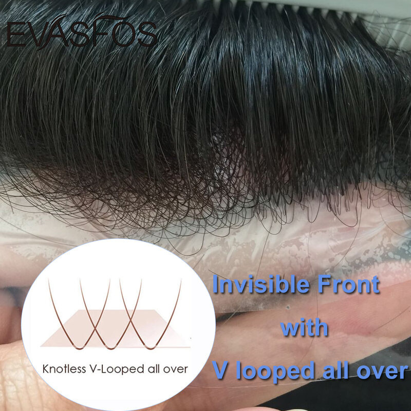 Pele fina Natural Hairline Toupee para homens, cabelo humano, nó invisível, peruca de silicone, sistemas de reposição, prótese de cabelo