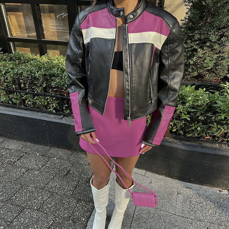 Женская байкерская куртка Goth Dark, куртка из искусственной кожи контрастных цветов в стиле интернет-панк, кожаный жакет на молнии с карманами, облегающая уличная одежда,