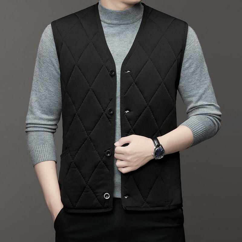 Men Fall Winter Vest Single-breasted Sleeveless Padded Solid Color Cardigan Solid Color Plus Size Mid Length Waistcoat Men Coat