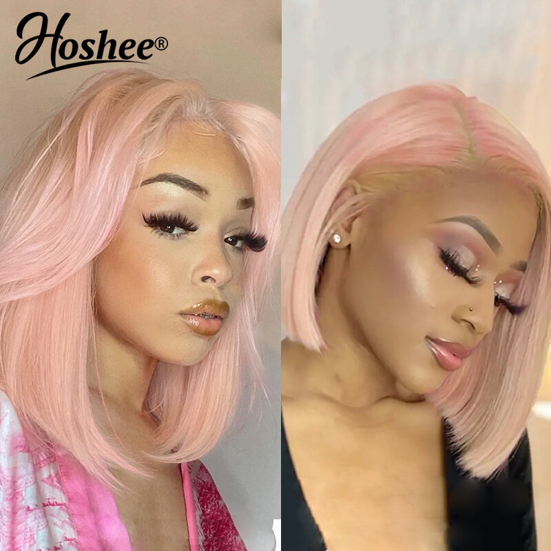 Wig merah muda cahaya renda transparan 13x4 bagian T menutupi bagian pendek Bob Pixie Wig tanpa lem rambut manusia Virgin Brasil untuk wanita
