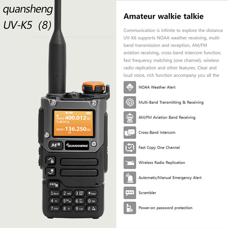 Quansheng-Portátil UV K5 8 Walkie Talkie, Estação Comutadora de Rádio em Dois Sentidos, Amador Ham, Conjunto sem fio, Receptor de Longo Alcance, AM, FM