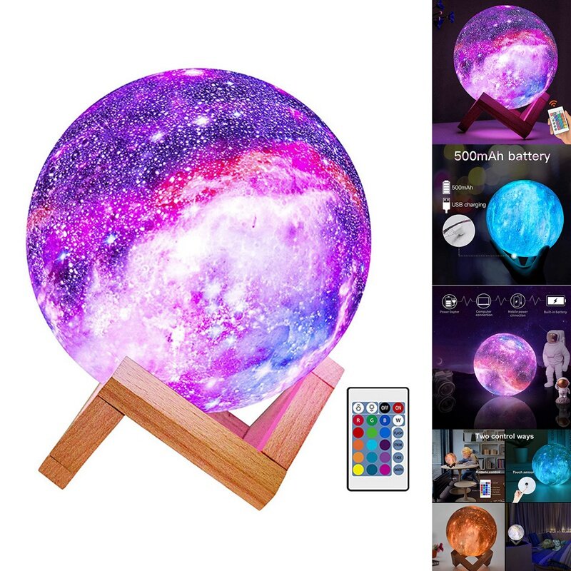 Lámpara de Luna para niños, luz nocturna de galaxia, 16 colores, LED 3D, luz de luna de estrella, cambio de contacto y Control remoto, luz de galaxia