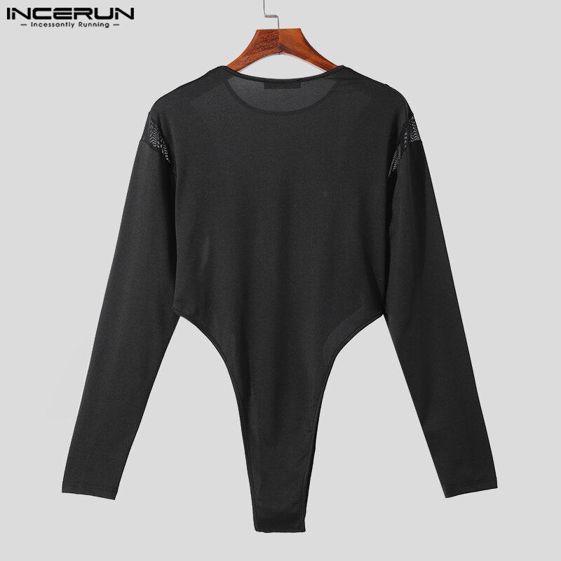INCERUN Sexy Men's Bodysuit Mesh Perspective Splicing Hollow Deconstructed Rompers Fashion Long Sleeve Triangle Jumpsuits S-5XL