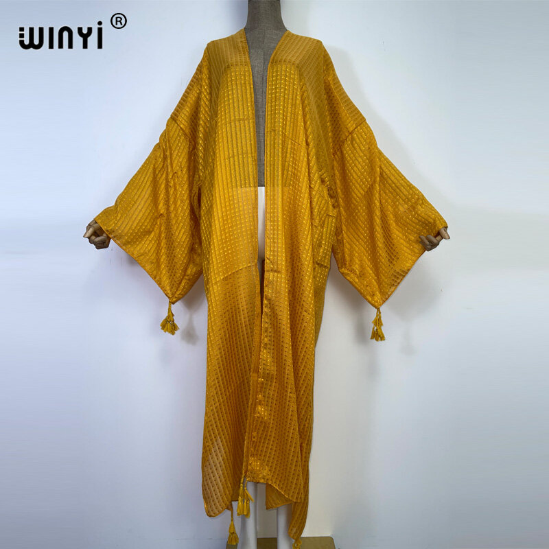 2022 afryka WINYI monochromatyczny nadruk w kratę plażową strój kąpielowy pokrowiec na garnitur płaszcz elegancki damski Boho wakacyjna sukienka Kimono z długim rękawem