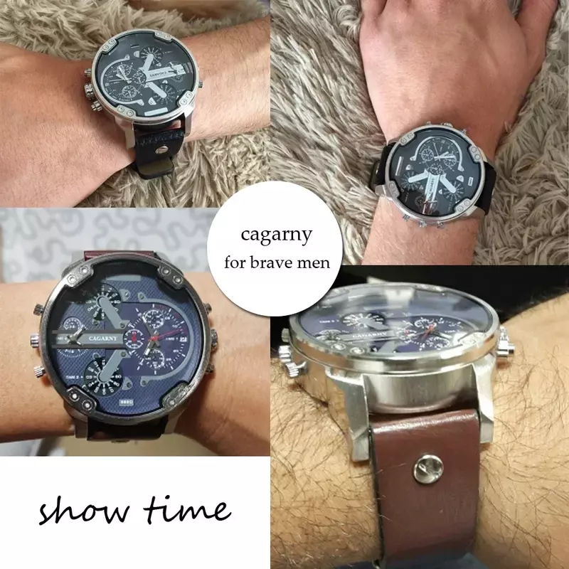 Men Luxury Watch Cool Big Case Quartz Watch for Men 2 Time Zones Men's Watches Leather Casual Military Montre Homme Male Clock