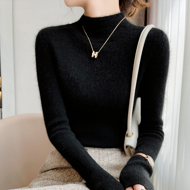 New Autumn/Winter Half-Turtle Neck Women's Bottoming Shirt With Solid Color And Slim Wool Sweater