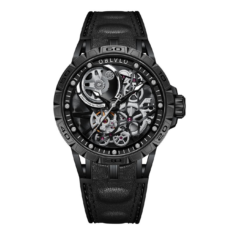 OBLVLO Brand All Black Sport Skeleton orologio meccanico automatico per uomo cinturino in gomma antivento zaffiro impermeabile LM