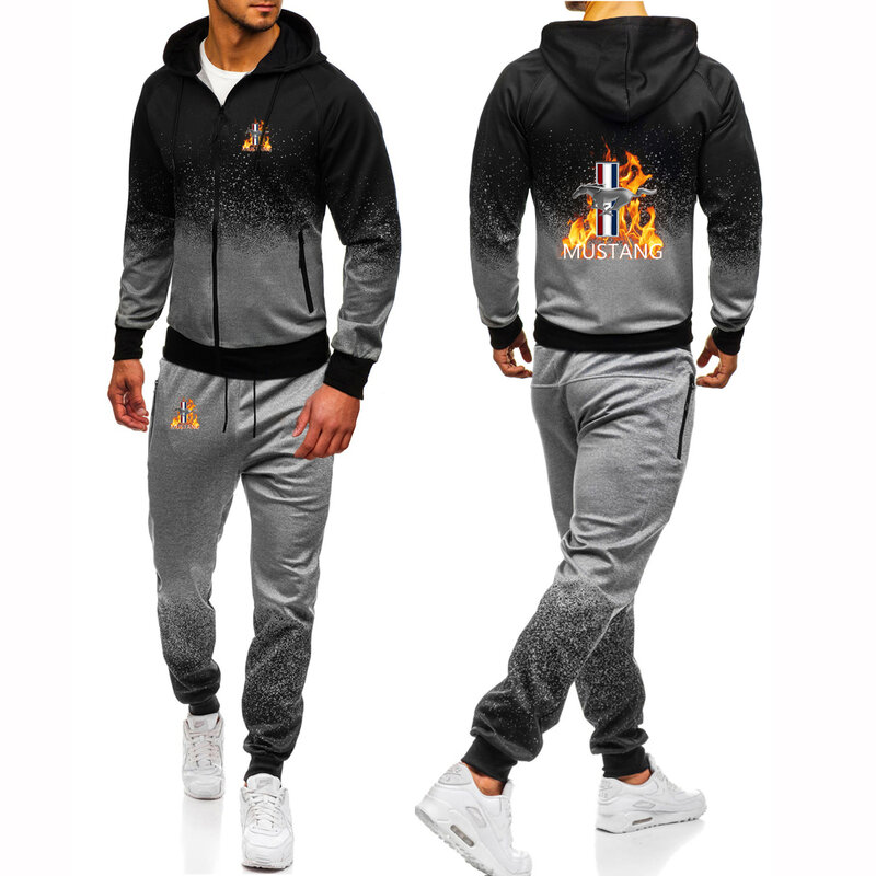 Mustang 2023 Spring and autumn new style Gradient Tracksuit Suit Casual High Quality Cotton Men's Jacket Hoodie Pants 2Pcs set
