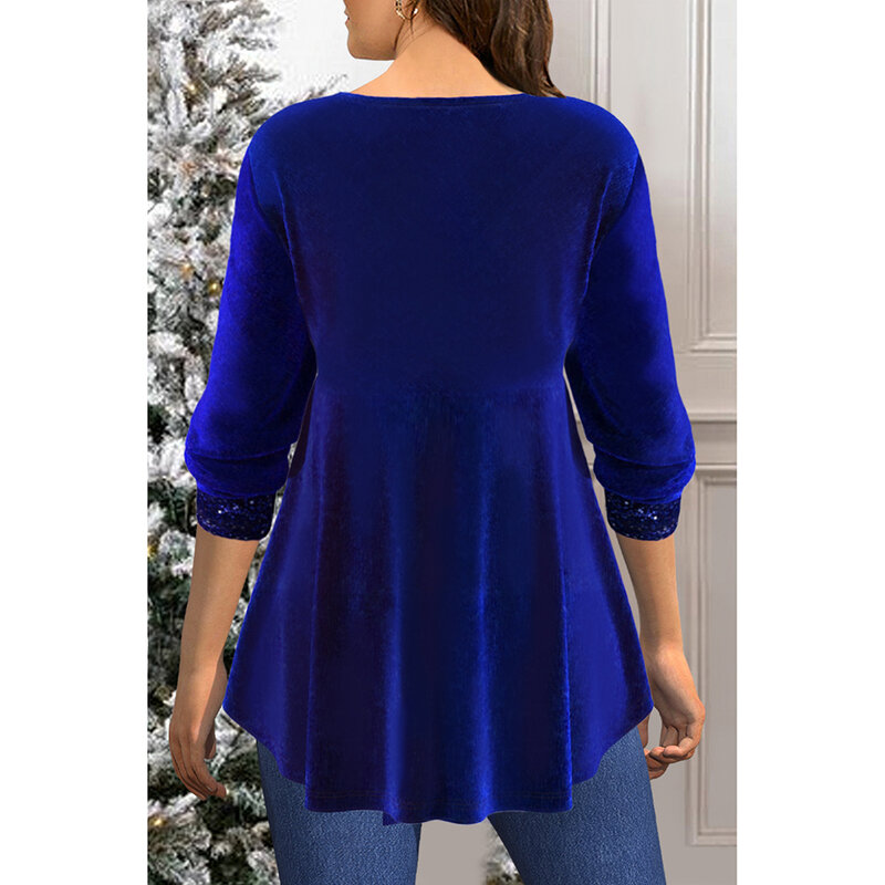 Blusa azul real do Natal, vestido do tamanho positivo, botão brilhante do lantejoula, túnica ruched, 2 em 1