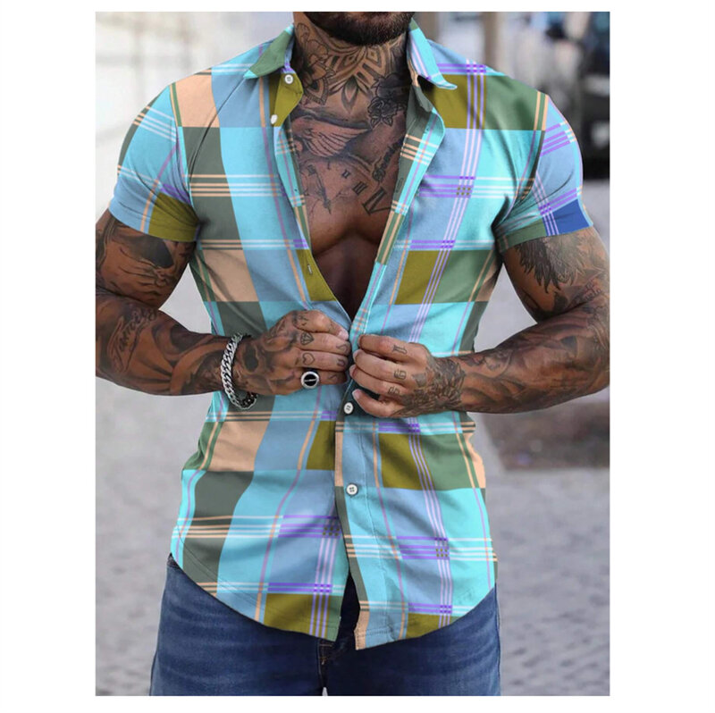 2024 nowy koszula męska nadruk w szkocką kratę retro klapy koszula z krótkim rękawem casual wakacje męskie designerskie ubrania w rozmiarze plus