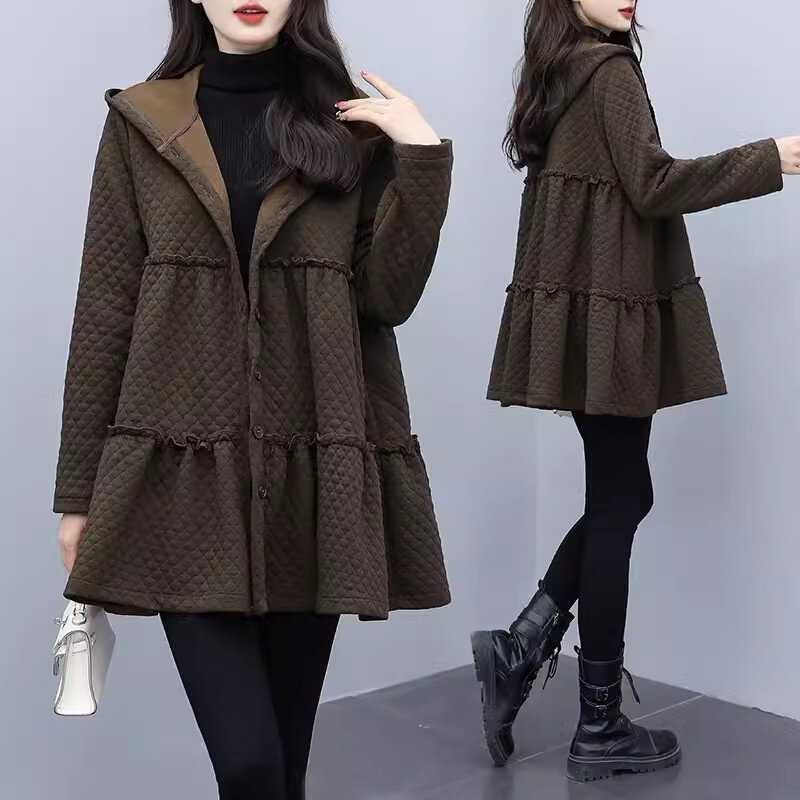 เสื้อโค้ทมีฮู้ดสำหรับผู้หญิง, เสื้อโค้ทตัวยาวปานกลางมีฮู้ดสีทึบรุ่นเกาหลี2024ใหม่ฤดูใบไม้ร่วง/ฤดูหนาว