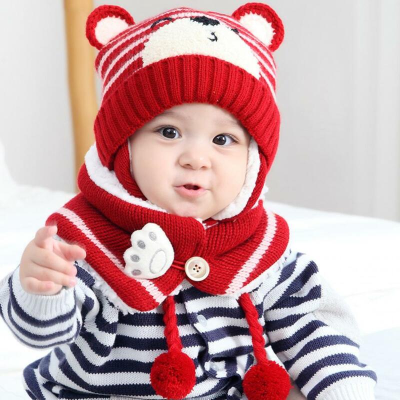 赤ちゃんのためのユニセックス暖かいクマの帽子、漫画の縞模様のニット帽、ウールの糸のスカーフ、屋外、男の子、女の子、子供のためのイヤーマフ、6m-34m、冬