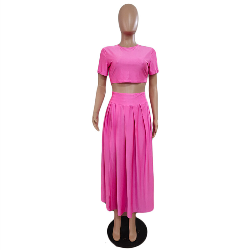 Adogirl Solid Two Piece Set Dress Women Summer Outfits O Neck Short Sleeve Crop Top High Split Maxi Pleated Skirt Party Suit