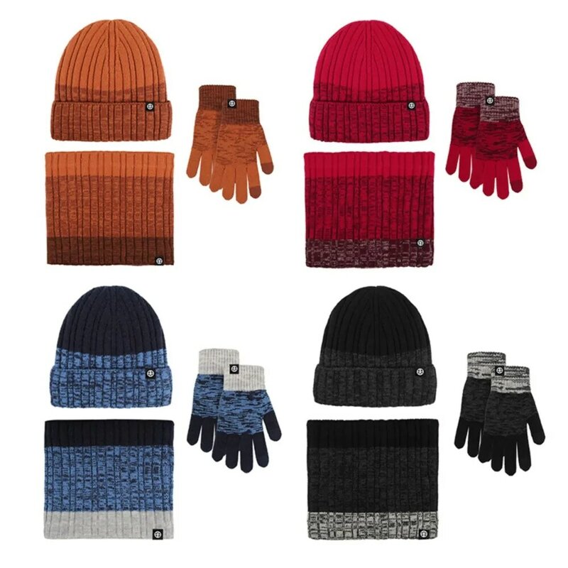 Knitted Cap Scarf three-piece Hat Autumn Winter Outdoor Ride Windproof Cold Warm three-piece Gradient Clash Of Colours Set
