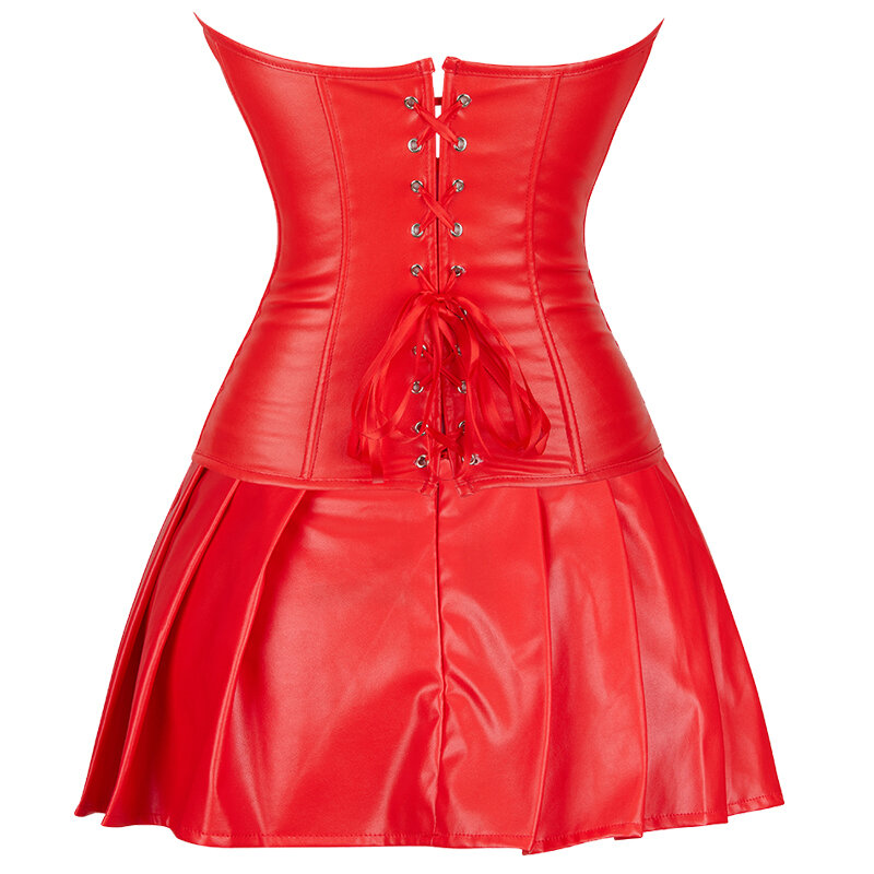 Sexy feminino gótico vestido de couro falso rendas até steampunk bustier espartilho saia conjunto frente zíper corselet S-6XL