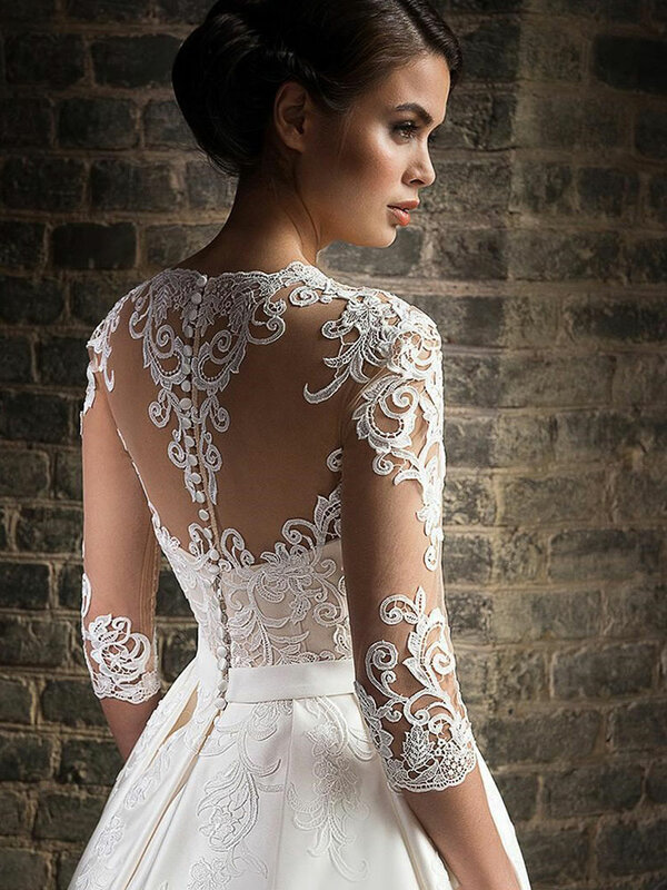 Elegant Lace Wedding Dresses vestido de novia 2022 Half Sleeves V-Neck Bride Dress Sweep Train Pockets Customize Robe De Mariee