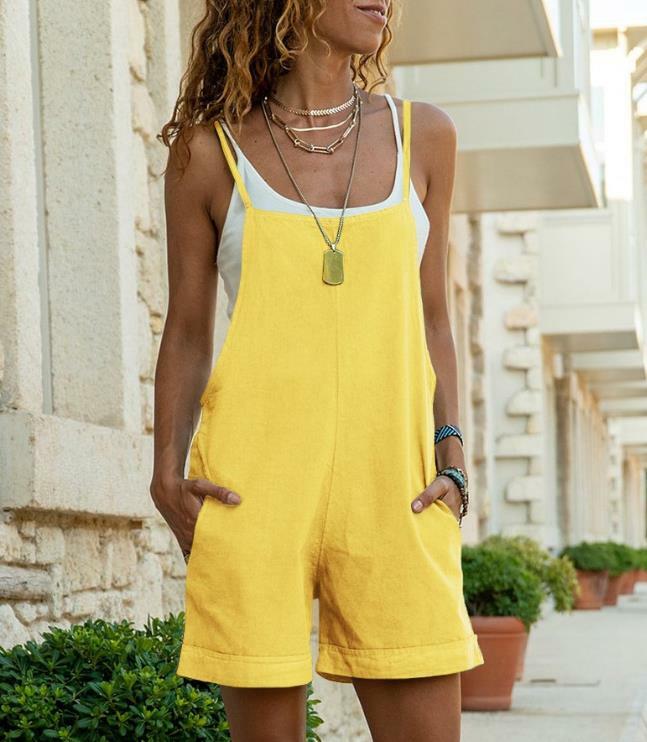 กางเกงคามิโซลสำหรับผู้หญิงฤดูร้อนสีพื้นดีไซน์กระเป๋าเรียบง่ายและทันสมัยจั๊มสูทสายสปาเก็ตตี้อิตาลี