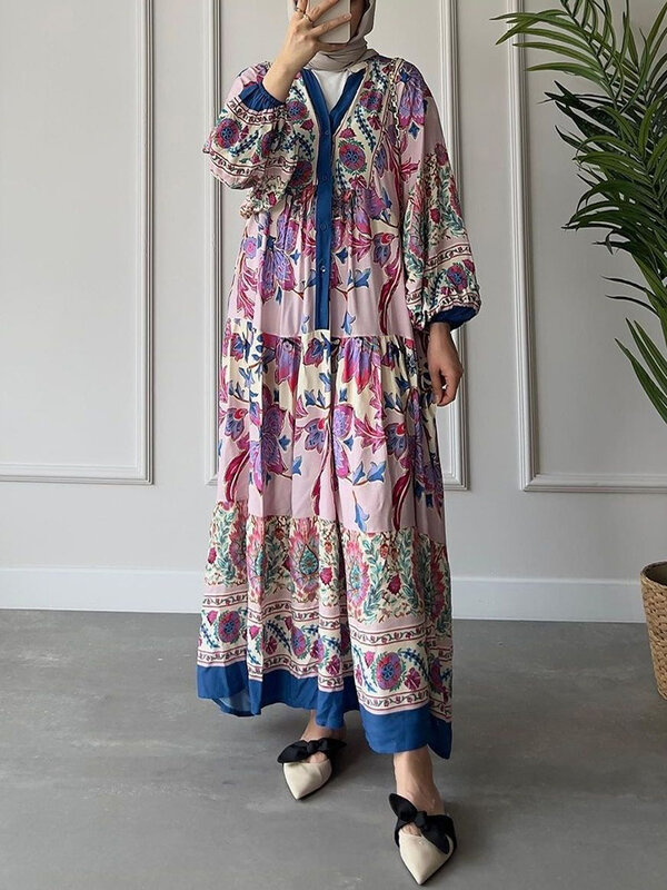 Muslim Women's Clothing Long Sleeved Standing Neck Printed Ethnic Style Large Swing Dress V-Neck Pullover Dubai Turkey Abaya