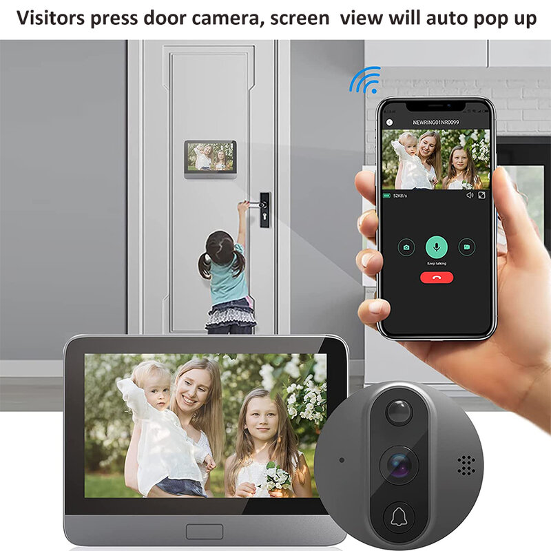 Top Smart Tuya 1080P WiFi Door Bell Eye Peephole Camera 5000mAh Audio 4.3' PIR FHD Infrared Alexa Google Announcement
