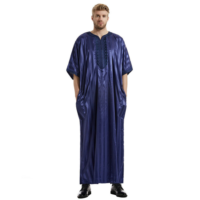 Ramadan Muslim Dress Abayas Dubai Casual Kaftan Satin Robe Stripes Islamic Costume Short Sleeve Jubba Thobe for Mens Middle East
