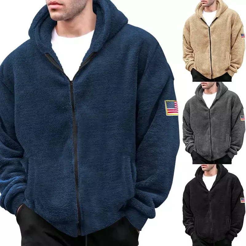 Mantel modis pria musim dingin hoodie hangat beludru dua sisi hoodie kasual ritsleting pria baru mantel tebal bertudung atasan pola bendera