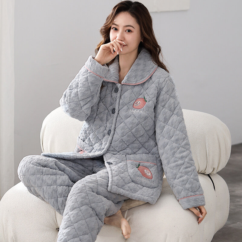 Winter Three-layer Clip Cotton Pajamas Women Loose  M-3XL Warm Home Clothing