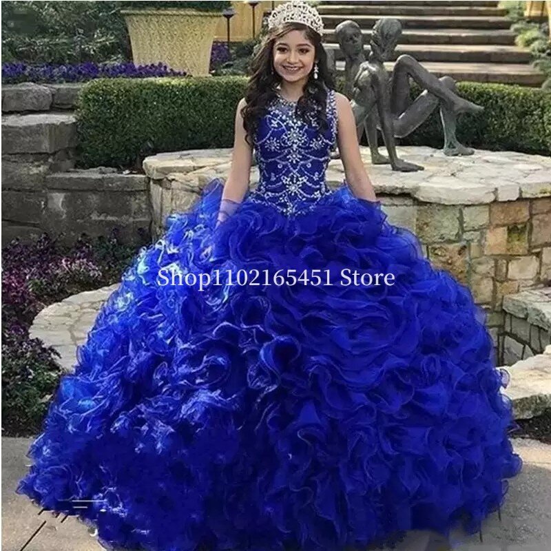 Royal Blue Quinceanera abiti a strati Cascading Ruffles Jewel Neck Crystal Organza Sweet 16 Dress Lace-up Vestidos 15 anos