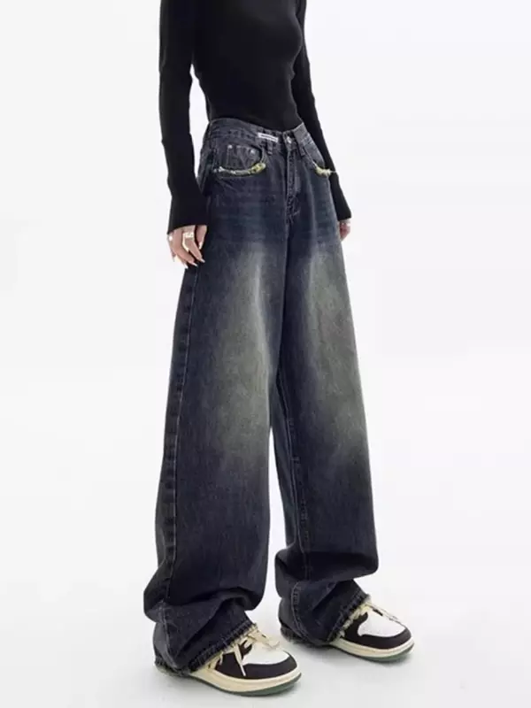 Mopping Jeans donna Retro Raw Edge tasche Baggy elastico in vita stile americano lavato dritto Streetwear Trendy Cool Chic BF