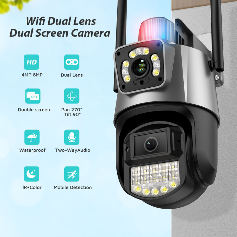 Kamera IP Wifi 4K 8MP, kamera Video pengawasan CCTV pelacakan otomatis layar ganda lensa ganda perbesaran 4X luar ruangan PTZ