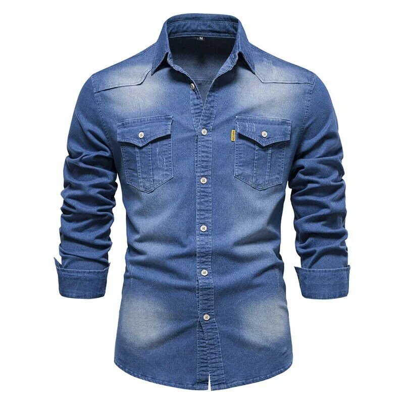 2024 весна осень Y2K модная Универсальная джинсовая рубашка в стиле Харадзюку Мужская однотонная Хлопковая мужская одежда Свободная Повседневная Спортивная одежда Мужская рубашка