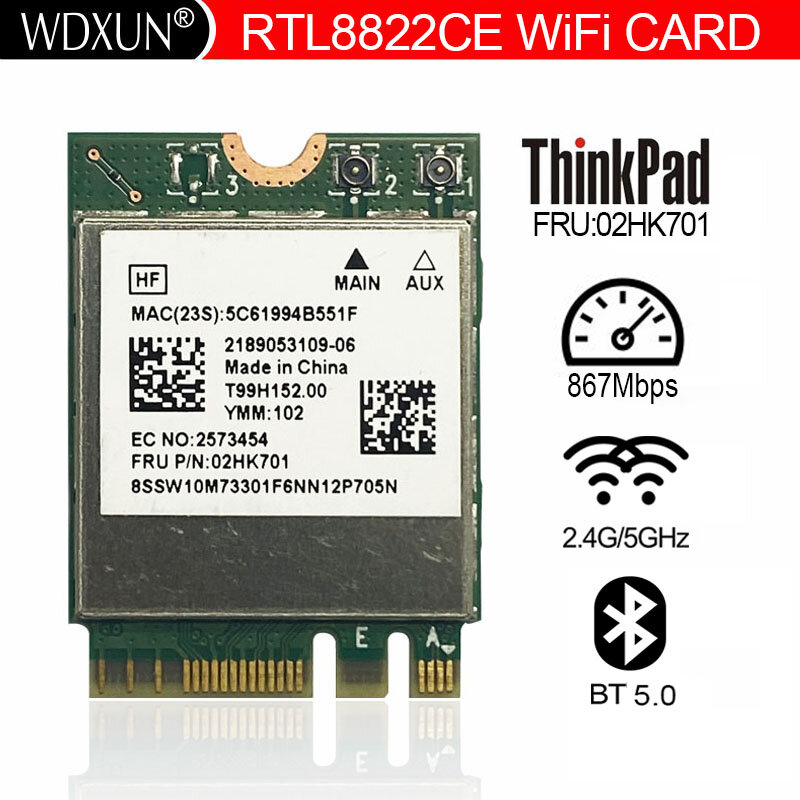 RTL8822CE 무선 WiFi 네트워크 카드, 802.11AC 867Mbps 블루투스 5.0, NGFF FRU 02HK701, Lenovo E460 E465 E470 E475 E560