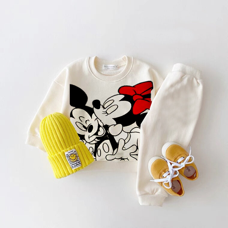 Disney Cartoon Print Tops e calças de manga comprida, Hoodies unissex, moletons casuais para bebês, roupas de criança, conjuntos 2 pcs