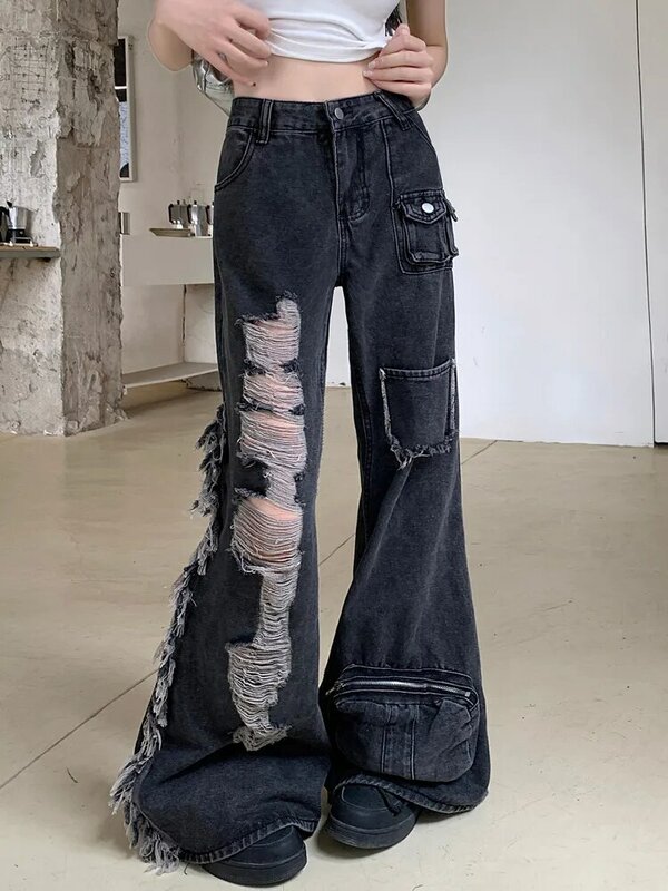 2024 ropa Grunge Y2K สตรีทแวร์สีดำกางเกงยีนส์ขาบานฉีกแบบซ้อนกันกางเกงสำหรับผู้หญิงเสื้อผ้าผู้หญิงกางเกงร็อคผู้หญิงแบบใหม่