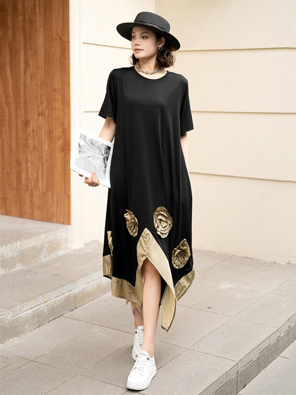XITAO Three-dimensional Decoration Flower Dresses Asymmetrical Patchwork O-neck Pullover Slimming Dress 2024 Summer New ZY8671