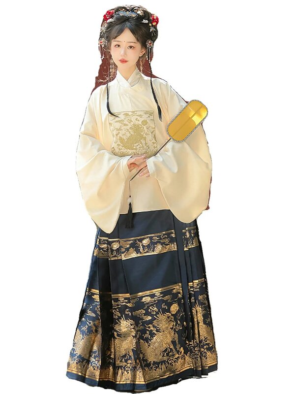 Vestido hanfu feminino com gola redonda, estilo original chinês, saia dourada de rosto de cavalo, estilo diário de deslocamento, dinastia Ming
