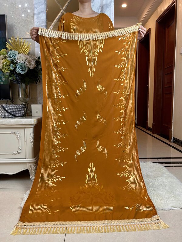 Vestido maxi de algodão com cachecol grande para mulheres, manga curta, estampagem dourada, roupas islâmicas, solta africana, boubou, verão, 2023