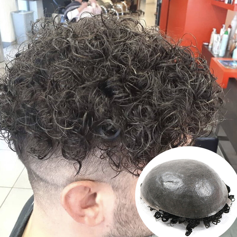 #4 Base in Pu traspirante 15mm pelle Super sottile parrucchino da uomo 100% parrucche per capelli umani protesi capillare di ricambio unità per capelli ricci