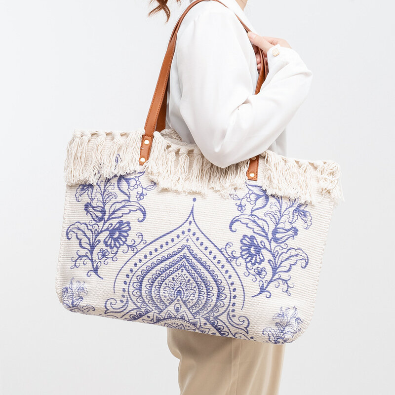Bolsa de lona impressa transfronteiriça para mulheres, sacola franjada, bolsa de grande capacidade, estilo étnico boêmio, bolsa de ombro única