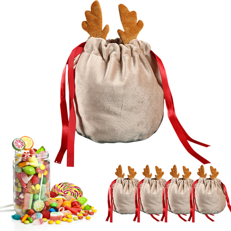 Velvet Candy Gift Bag com Cordão, Santa Sacks, Rena, Decoração de Natal, Festa de Ano Novo, Infantil, 5,10 Pcs