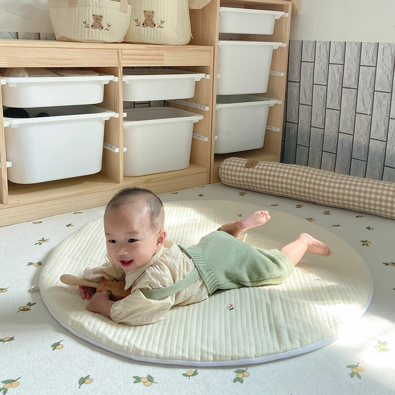 1 buah selimut katun gaya Nordic bayi bentuk bulat karpet ruangan bayi baru lahir dekorasi karpet lembut tikar bermain katun