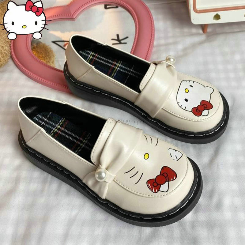 Sanrio Hello Kitty Kawaii รองเท้าหนังหญิงสาว Lolita JK Uniform แบน Bottomed ฤดูใบไม้ร่วง2022หลากหลายใหม่รองเท้าเดียว Y2k